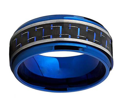 Image of ID 1269469134 Men's Titanium Wedding Band (8mm) Blue Tone Ring with Blue and Black Carbon Fiber Inlay