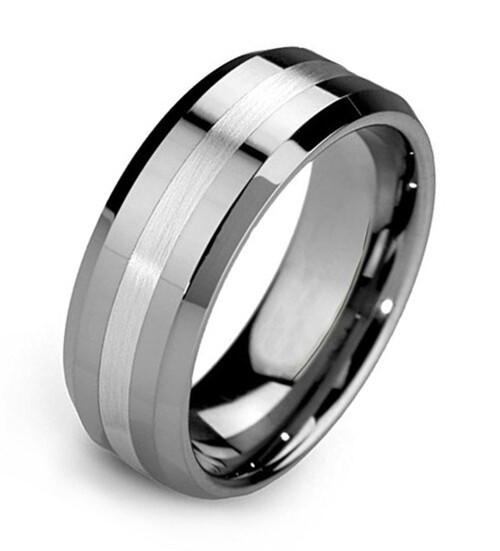 Image of ID 1269469150 Men's Tungsten Wedding Band Ring (8mm) Silver Polished Ring with Matte Finish Stripe Comfort Fit