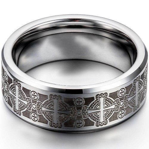 Image of ID 1269469209 Unisex or Men's Tungsten Wedding Band (8mm) Silver with Laser Etched Celtic Crosses and Beveled Edge