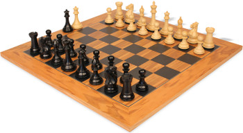 Image of ID 1269758804 New Exclusive Staunton Chess Set Ebonized & Boxwood Pieces with Olive Wood & Black Deluxe Board - 35" King