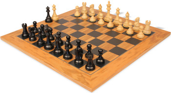 Image of ID 1269758809 British Staunton Chess Set Ebonized & Boxwood Pieces with Olive Wood & Black Deluxe Board - 4" King