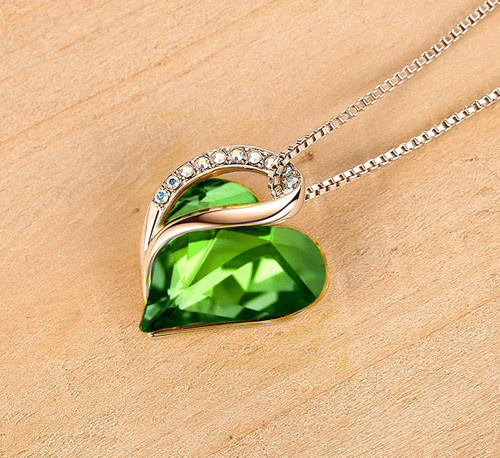Image of ID 1269947378 Peridot Green Heart Crystal (Silver Color) Pendant with 18" Chain Necklace - Gift for Her - Heart Pendant for Women Color: August Birthstone Crystal