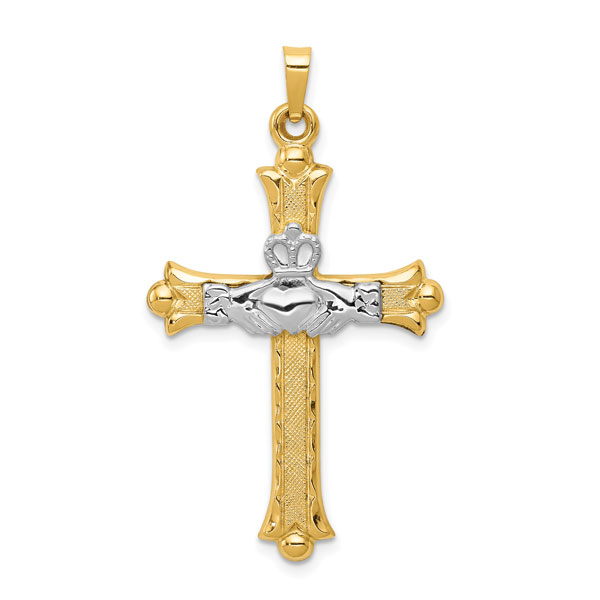 Image of ID 1273076145 Celtic Claddagh Cross Pendant Necklace 14K Two-Tone Gold