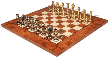 Image of ID 1282106011 Contemporary Staunton Solid Brass Chess Set with Elm Burl Chess Board