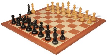 Image of ID 1282411575 British Staunton Chess Set Ebonized & Boxwood Pieces with Sunrise Mahogany Chess Board - 35" King