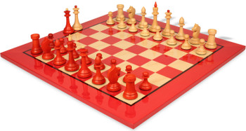 Image of ID 1284428794 The Queen's Gambit Final Game Chess Set Crimson & Boxwood Pieces with Red & Maple High Gloss Board - 4" King