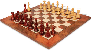 Image of ID 1287676510 Fierce Knight Staunton Chess Set Padauk & Boxwood Pieces with Elm Burl & Erable Board - 4" King