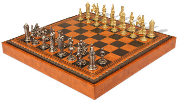 Image of ID 1291437835 Small Camelot Theme Metal Chess Set with Leatherette Chess Board & Tray
