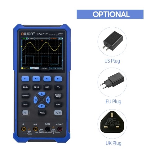 Image of ID 1299280850 OWON HDS2202S 3 in 1 Handheld Digital Oscilloscope Multimeter Waveform Generator 200MHz 1GSa/s Dual Channels Oscilloscope True RMS 20000 Counts Multi Tester 35-inch Color LCD Rechargeable Type-C Interface