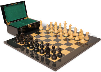 Image of ID 1302524832 German Knight Staunton Chess Set Ebonized & Boxwood Pieces with Black & Ash Burl Board & Box - 375" King