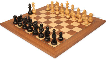 Image of ID 1302524843 German Knight Staunton Chess Set Ebonized & Boxwood Pieces with Walnut & Maple Deluxe Board - 375" King