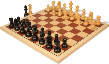 Image of ID 1302524847 German Knight Staunton Chess Set Ebonized & Boxwood Pieces with Sycamore & Mahogany Board - 375" King