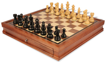Image of ID 1302922929 French Lardy Staunton Chess Set Ebonized & Boxwood Pieces with Walnut Chess Case - 375" King