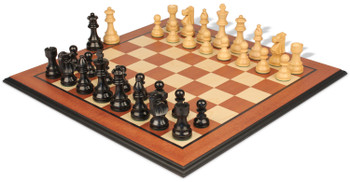 Image of ID 1302922943 French Lardy Staunton Chess Set Ebonized & Boxwood Pieces with Mahogany & Maple Molded Edge Board - 375" King