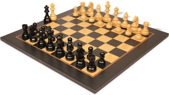 Image of ID 1302922967 German Knight Staunton Chess Set Ebonized & Boxwood Pieces with The Queen's Gambit Board - 325" King