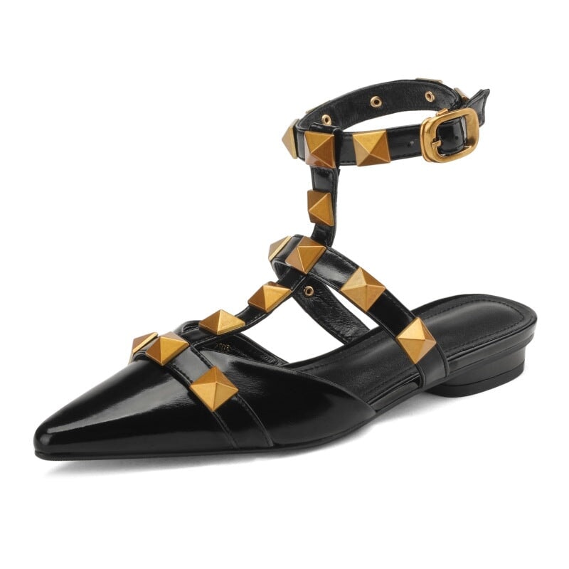 Image of ID 1311782377 Leather T Strap Rockstud Ankle-strap Flat Sandals Point Toe Slingback in Golden/Beige/Black