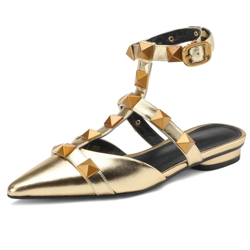 Image of ID 1311782421 Leather T Strap Rockstud Ankle-strap Flat Sandals Point Toe Slingback in Golden/Beige/Black