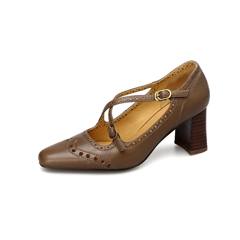 Image of ID 1311782532 Handmade Cross Strap Leather Brogued Mary Jane Pumps in Apricot/Khaki