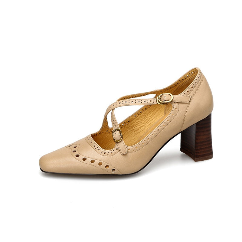 Image of ID 1311782533 Handmade Cross Strap Leather Brogued Mary Jane Pumps in Apricot/Khaki