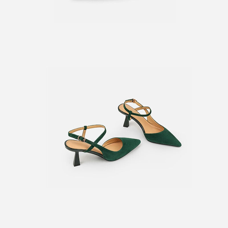 Image of ID 1311782563 Suede Leather Point Toe 60mm Kitty Heel Sandals Slingback Pumps in Black/Green