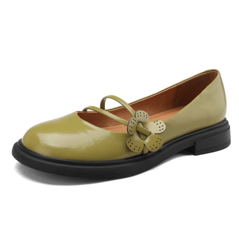 Image of ID 1311782638 Handmade Leather Mary Jane Flats with Flowers Detail Instep Strap in Green/Black/Beige