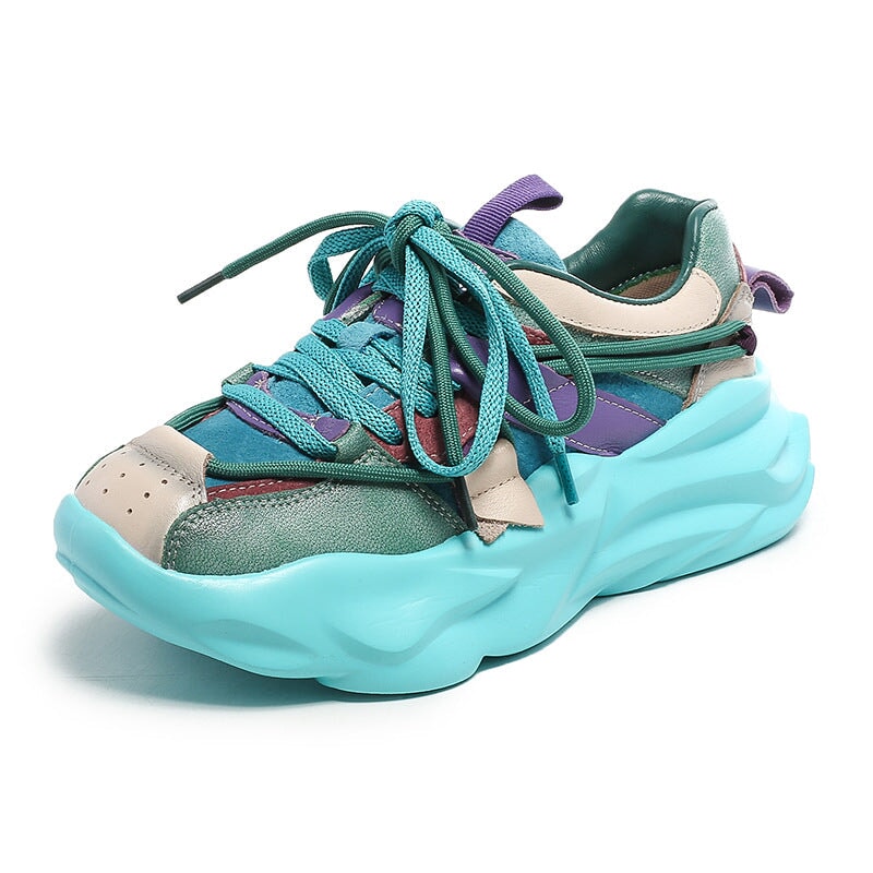 Image of ID 1311782744 Leather Chunky Sneakers for Women Low-top Lace Up Contrast Color in Yellow/Green
