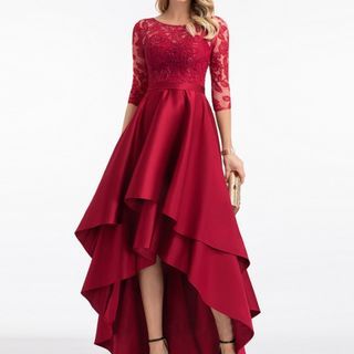 Image of ID 1312426226 Elbow-Sleeve Lace Panel Asymmetrical A-Line Evening Gown