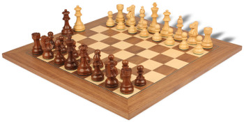 Image of ID 1315802493 French Lardy Staunton Chess Set Golden Rosewood & Boxwood Pieces with Walnut & Maple Deluxe Board - 375" King