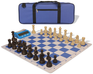 Image of ID 1328361915 German Knight Deluxe Carry-All Plastic Chess Set Wood Grain Pieces with Clock & Lightweight Floppy Board - Royal Blue