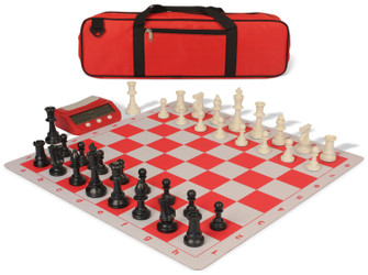 Image of ID 1328361971 Standard Club Large Carry-All Plastic Chess Set Black & Ivory Pieces with Clock Bag & Lightweight Floppy Board - Red