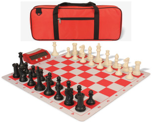 Image of ID 1328361974 Professional Deluxe Carry-All Plastic Chess Set Black & Ivory Pieces with Clock & Lightweight Floppy Board - Red