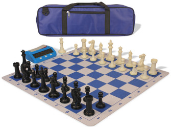 Image of ID 1328362020 Executive Large Carry-All Plastic Chess Set Black & Ivory Pieces with Clock & Lightweight Floppy Board - Royal Blue
