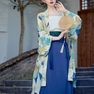 Image of ID 1346826938 Set: Patterned Print Hanfu Jacket / Plain Camisole Top + High Waist Two Tone Maxi A-Line Skirt