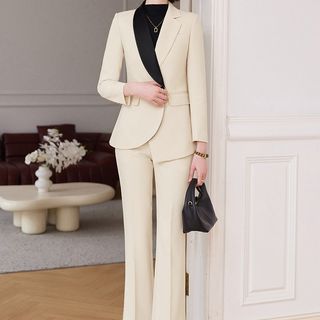 Image of ID 1350588411 Contrast Collar Double-Breasted Blazer / High Waist Straight Leg Dress Pants / Set
