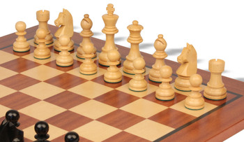 Image of ID 1352753696 German Knight Staunton Chess Set Ebonized & Boxwood Pieces with Classic Mahogany Board - 325" King