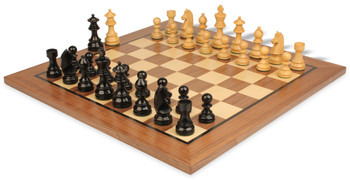 Image of ID 1352753702 German Knight Staunton Chess Set Ebonized & Boxwood Pieces with Classic Walnut Board - 375" King