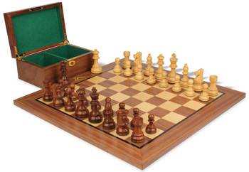 Image of ID 1352753737 French Lardy Staunton Chess Set Golden Rosewood & Boxwood Pieces with Classic Walnut Board & Box - 325" King
