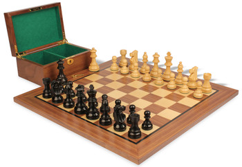 Image of ID 1352753738 French Lardy Staunton Chess Set Ebonized & Boxwood Pieces with Classic Walnut Board & Box - 325" King