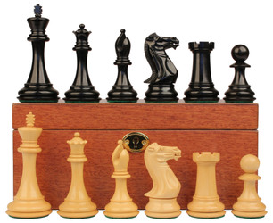 Image of ID 1353412039 New Exclusive Staunton Chess Set Ebony & Boxwood Pieces with Mahogany Chess Box  - 35" King