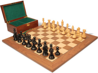 Image of ID 1354994460 Fierce Knight Staunton Chess Set Ebonized & Boxwood Pieces with Walnut & Maple  Deluxe Board & Box - 35" King