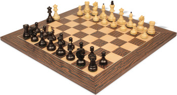 Image of ID 1355459844 Bohemian Series Chess Set Ebonized & Boxwood Pieces with Tiger Ebony & Maple Deluxe Board - 4" King