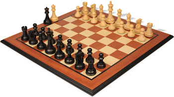 Image of ID 1355698441 Reykjavik Series Chess Set Ebony & Boxwood Pieces with Mahogany & Maple Molded Edge Board - 325" King