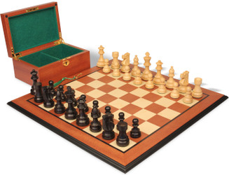 Image of ID 1356343494 French Lardy Staunton Chess Set Ebonized & Boxwood Pieces with Mahogany Molded Edge Chess Board & Box - 275" King