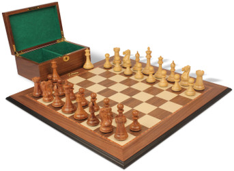 Image of ID 1357832016 New Exclusive Staunton Chess Set Golden Rosewood Pieces with Walnut Molded Chess Board & Box - 4" King