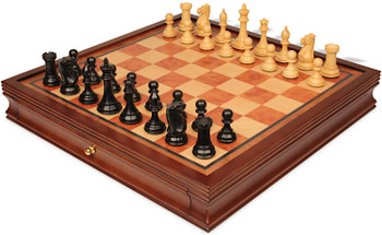 Image of ID 1358192575 New Exclusive Staunton Chess Set Ebonized & Boxwood Pieces with Elm Burl & Bird's-Eye Maple Chess Case - 3" King