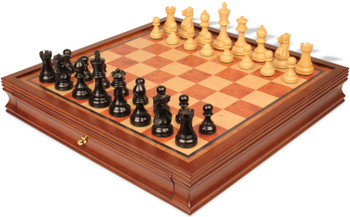 Image of ID 1358304149 Parker Staunton Chess Set Ebonized & Boxwood Pieces with Elm Burl & Bird's-Eye Maple Chess Case - 325" King