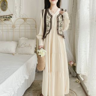Image of ID 1358814450 Set: Long-Sleeve V-Neck Plain Maxi Smock Dress + Flower Embroidered Single-Breasted Sweater Vest