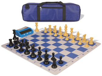 Image of ID 1361823588 Standard Club Large Carry-All Plastic Chess Set Black & Camel Pieces with Clock Bag & Lightweight Floppy Board - Royal Blue