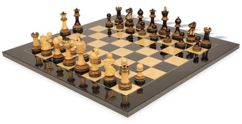 Image of ID 1370606502 Parker Staunton Chess Set Burnt Boxwood Pieces with Black Ash Burl Chess Board - 375" King