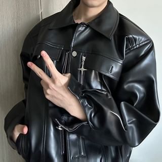 Image of ID 1382486110 Collared Plain Panel Faux Leather Button Jacket